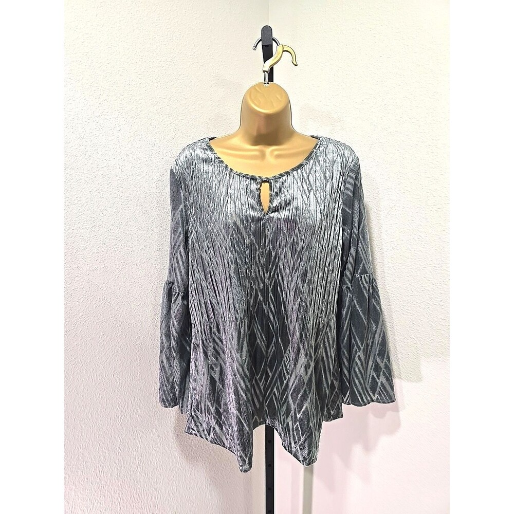 Investments Velvet Burnout Sage Green Flare Sleeve Top Womens Large Forest Fairy